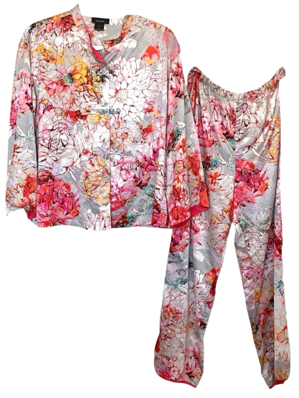Natori Floral Satin Pajama Set Size M Luxe Lounge Sleepwear Matching Set